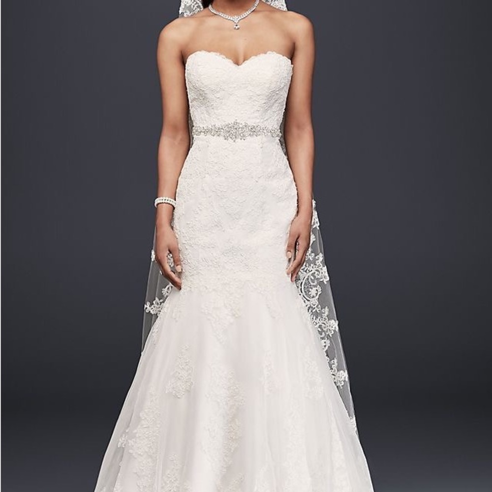 David's Bridal 'V3680'. 
sweetheart trumpet dress
Size: S